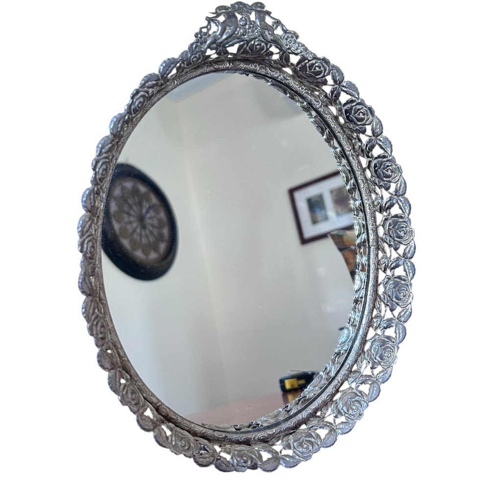 Vintage Ornate Oval Vanity Mirror Gold Tone Roses Filigree Tabletop Décor‎